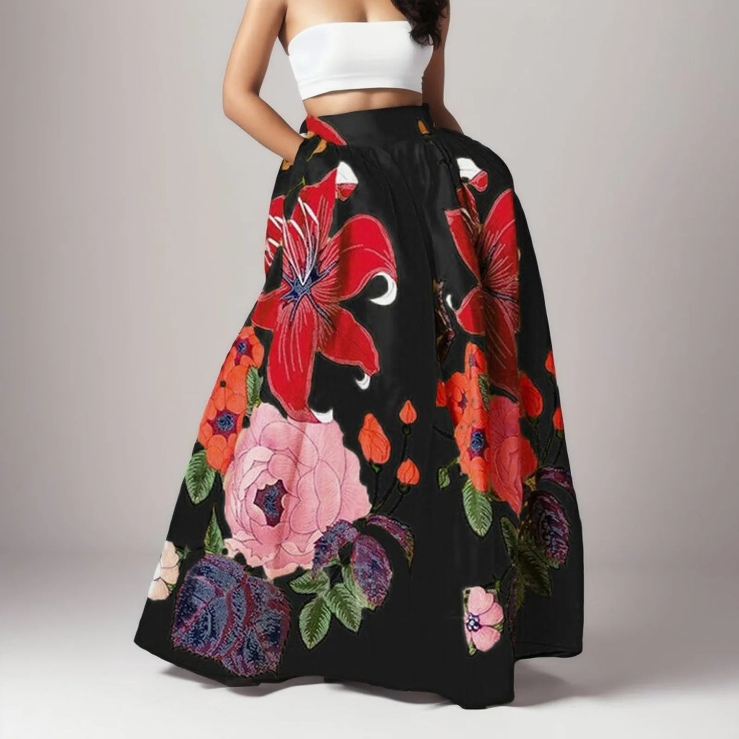 Bohemian Women Long Skirt Large Swing High Waist Floral Printing A-Line Skirt Women Faldas Fashion Casual Party Skirt Pockets