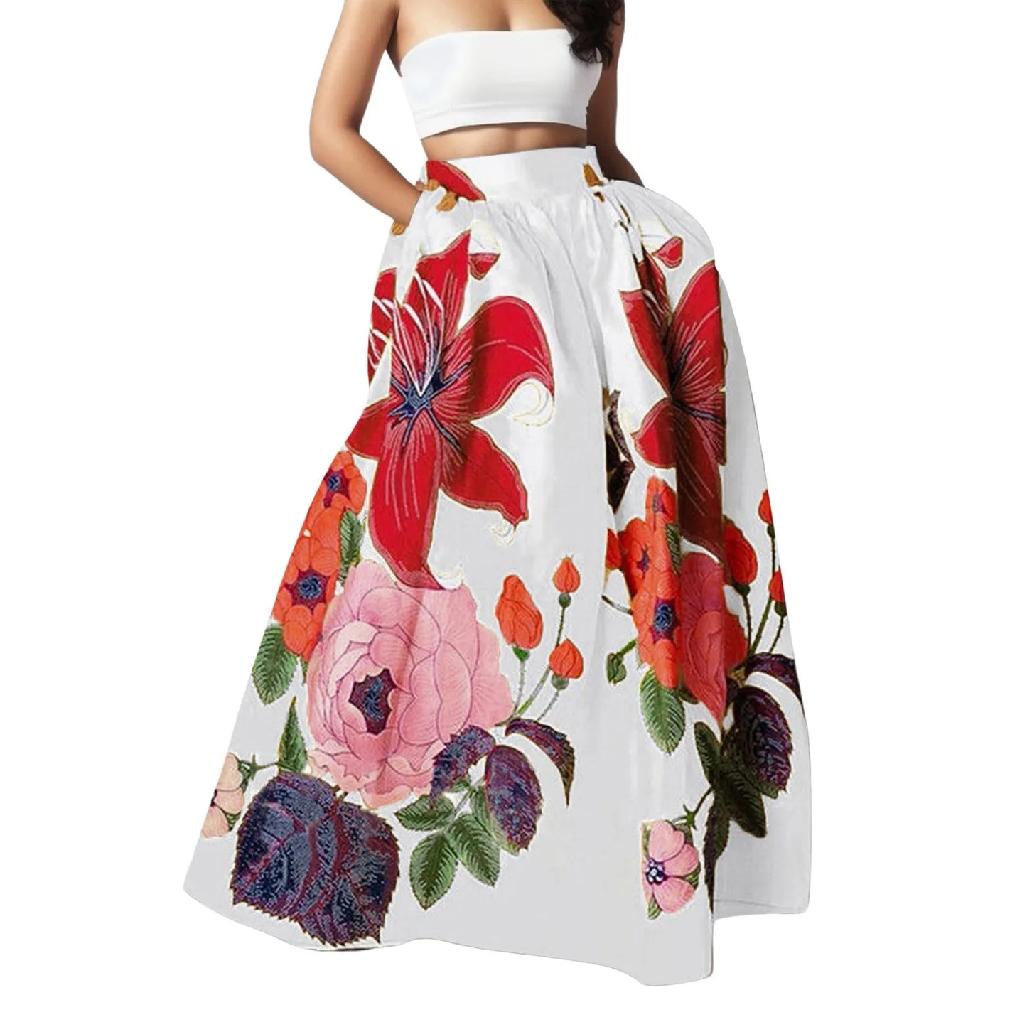 Bohemian Women Long Skirt Large Swing High Waist Floral Printing A-Line Skirt Women Faldas Fashion Casual Party Skirt Pockets