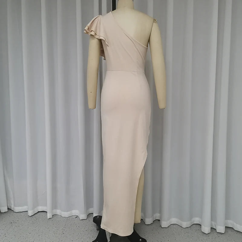 Ellfads Maxi Dress Women Summer Elegant Solid One Shoulder Irregular Hollow Out Ruffled Nipped Waist Pleated Slit Long Dresses