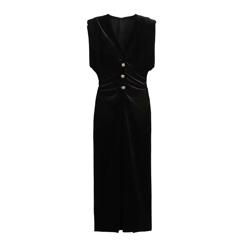 Elegant Velvet Midi Dress Women Sexy V Neck Single Breasted Pleated Female Party Dresses 2025 Sleeveless Slim Split Lady Robe