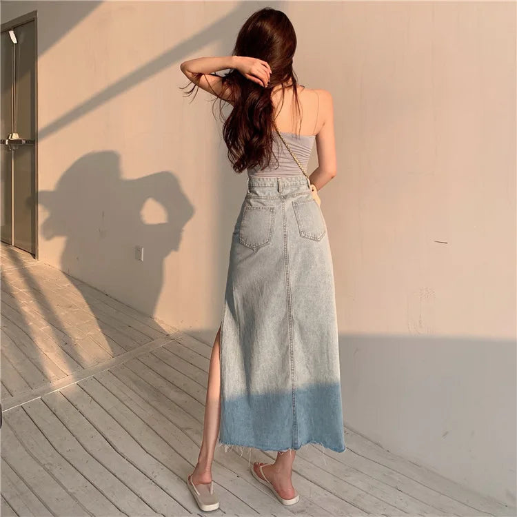 Women's Denim Skirts Summer 2024 Slim Sexy Split Long Skirt High Waist Fashion Blue Solid Color Y2K Jean Skirt for Women