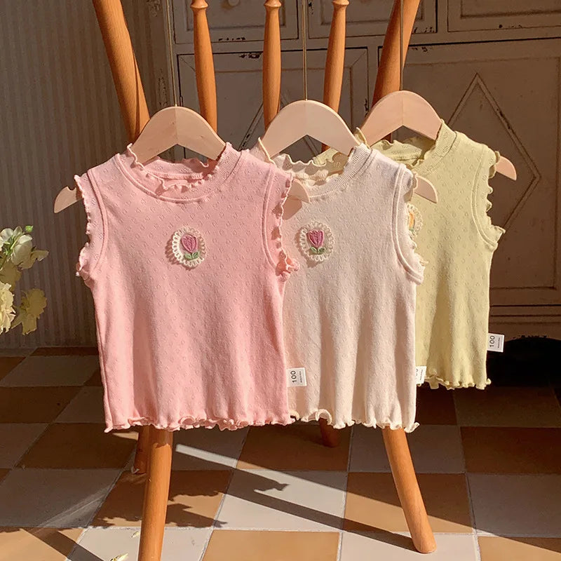 Children's T-Shirts Floral Decoration Jacquard Sleeveless Top Girls Clothes Boutique Outfits for Girls Infant Girl Clothes