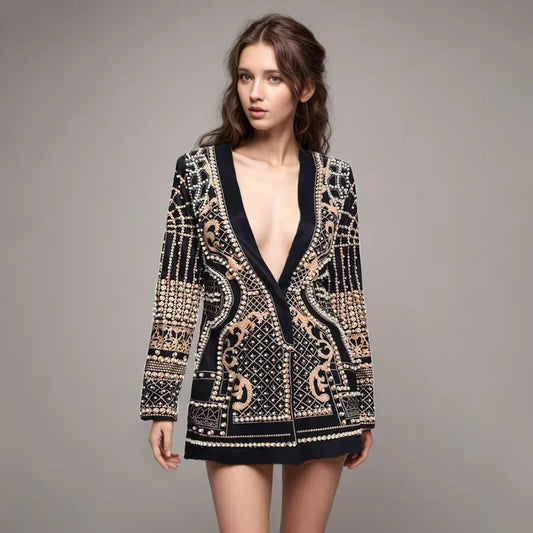 Spring 2025 New Style Heavy Embroidery Print Buttoned Pearl V-neck Mid-length Single-breasted Women's Suit Jacket Fashionable El