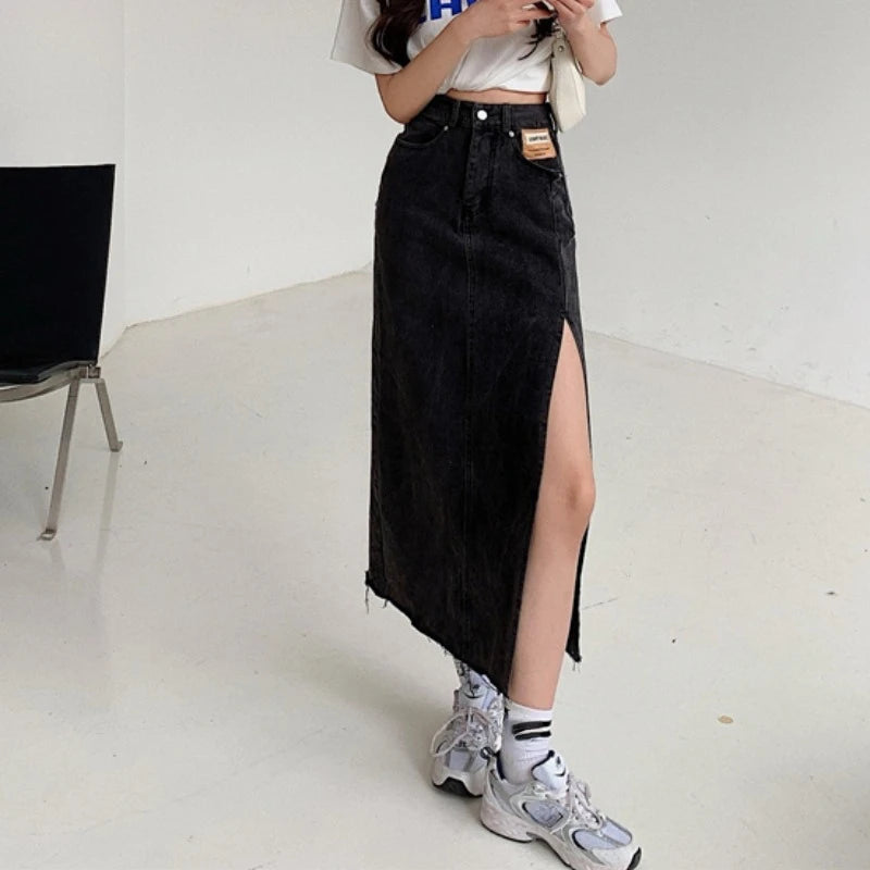 Women's Denim Skirts Summer 2024 Slim Sexy Split Long Skirt High Waist Fashion Blue Solid Color Y2K Jean Skirt for Women