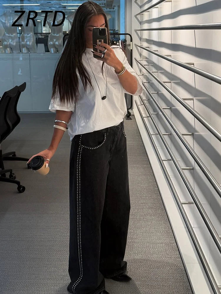 Street Women's Beaded Jeans Baggy Low Waist Pockets Zipper Female Denim Trousers 2025 Spring Summer Lady Y2k Chic Fashion Pants