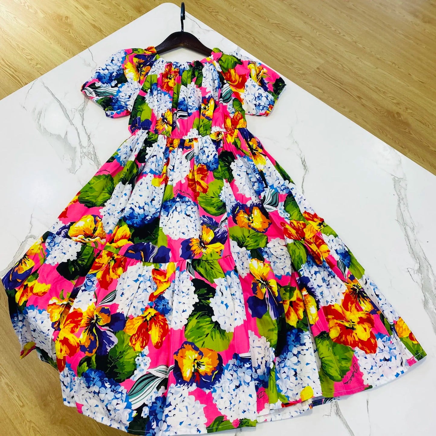 2024 latest style girl clothes green flower dress big girl vacation dress cotton floral printing kids dress