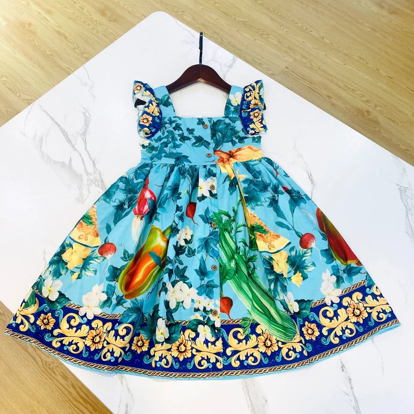 2024 latest style girl clothes green flower dress big girl vacation dress cotton floral printing kids dress