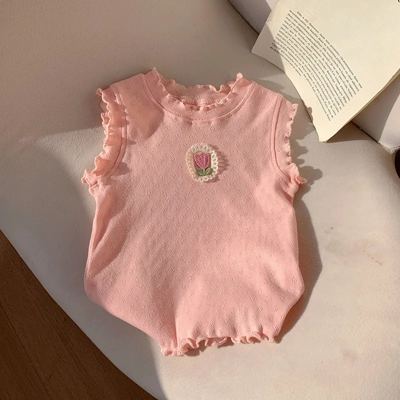 Children's T-Shirts Floral Decoration Jacquard Sleeveless Top Girls Clothes Boutique Outfits for Girls Infant Girl Clothes