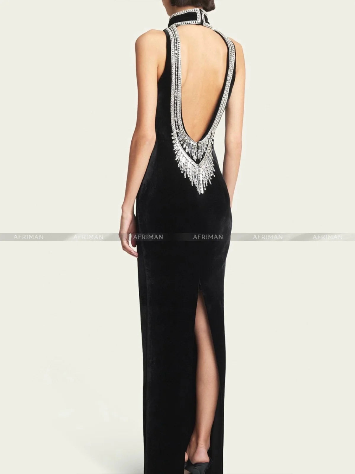 Women Heavy Rhinestone Bead Sexy Backless High Neck Waist Bag Hip Slimming Velvet Long Dress