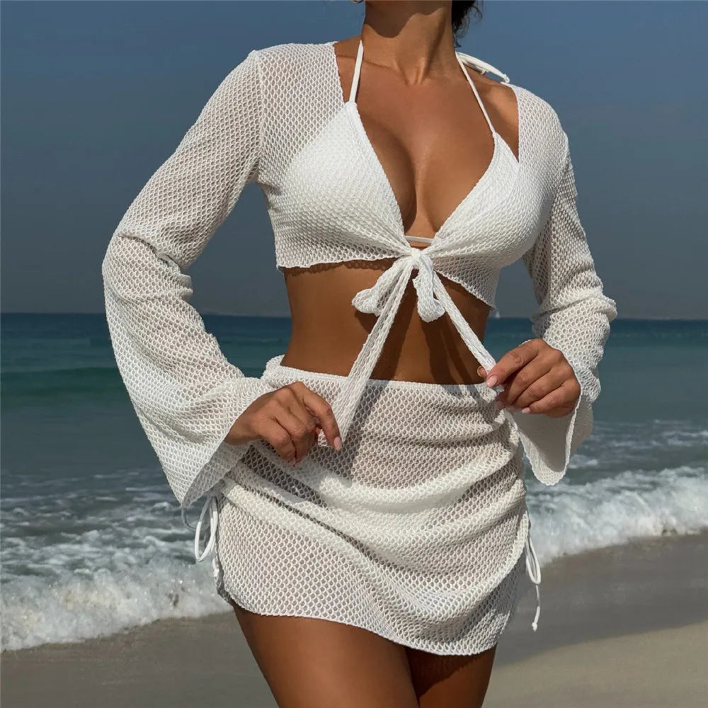 Solid White String Halter Bikinis Sets 4 Pieces Sexy Swimsuit Women Long Sleeve Cover Ups Tops Skirts Swimwear Bikini Beachwear