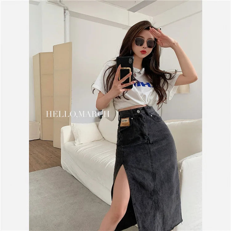 Women's Denim Skirts Summer 2024 Slim Sexy Split Long Skirt High Waist Fashion Blue Solid Color Y2K Jean Skirt for Women
