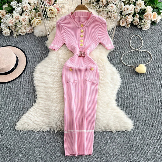 YuooMuoo Brand Fashion Women Dress 2025 Summer Belted Bodycon Long Sweater Dress Elegant Office Lady Pencil Dress Party Vestidos