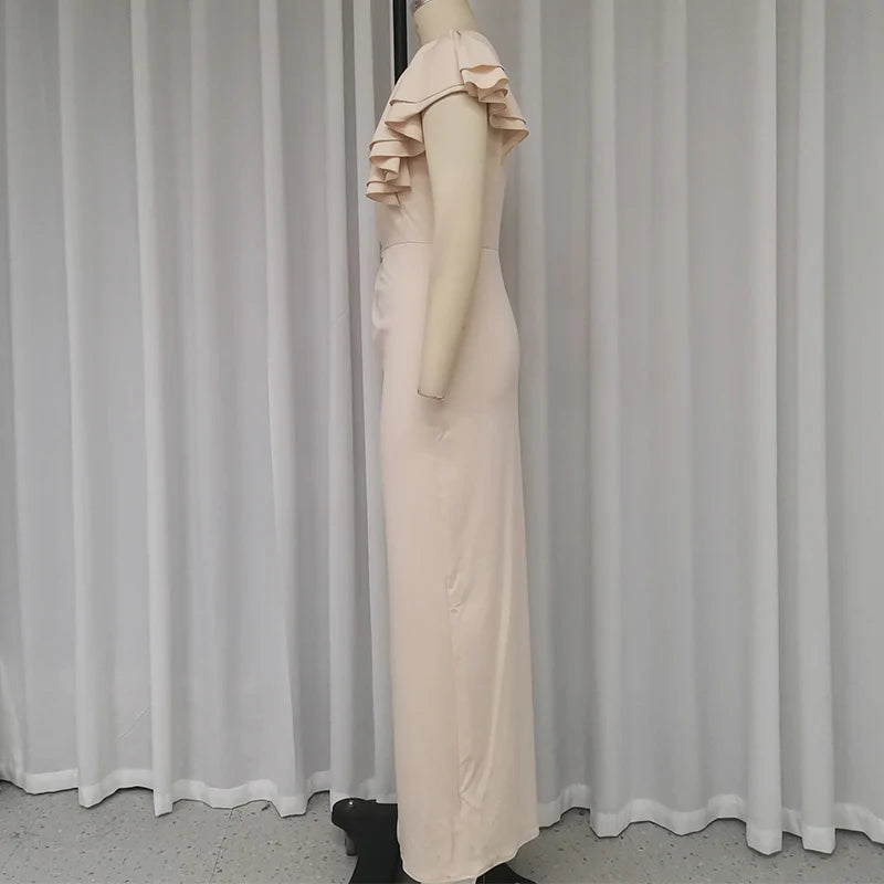 Ellfads Maxi Dress Women Summer Elegant Solid One Shoulder Irregular Hollow Out Ruffled Nipped Waist Pleated Slit Long Dresses