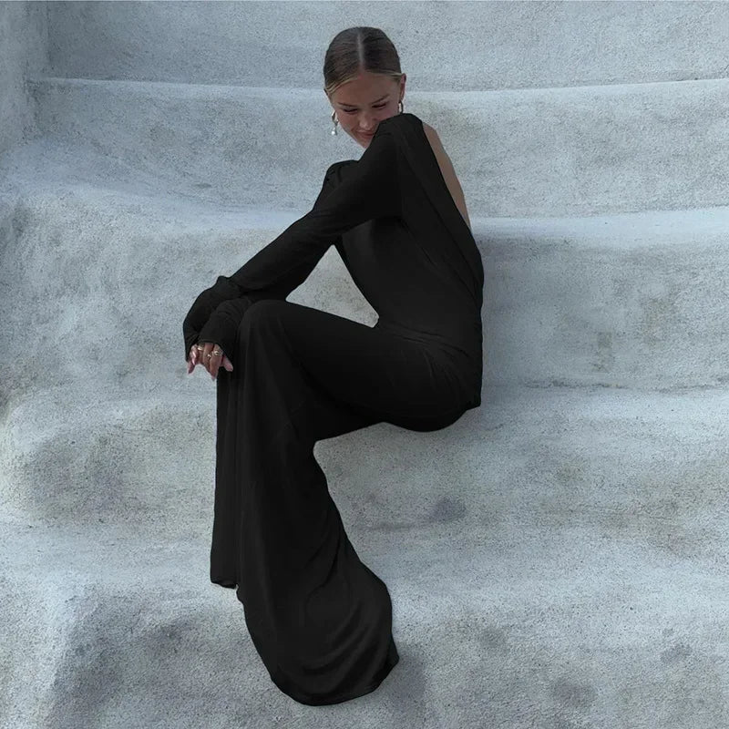 Chic Backless White Long Sleeved Slim Fit Dress for Women Pleated Elegant Round Neck Long Dresses 2024 New Female Evening Gowns