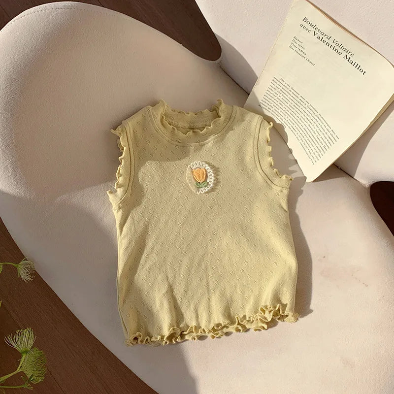 Children's T-Shirts Floral Decoration Jacquard Sleeveless Top Girls Clothes Boutique Outfits for Girls Infant Girl Clothes
