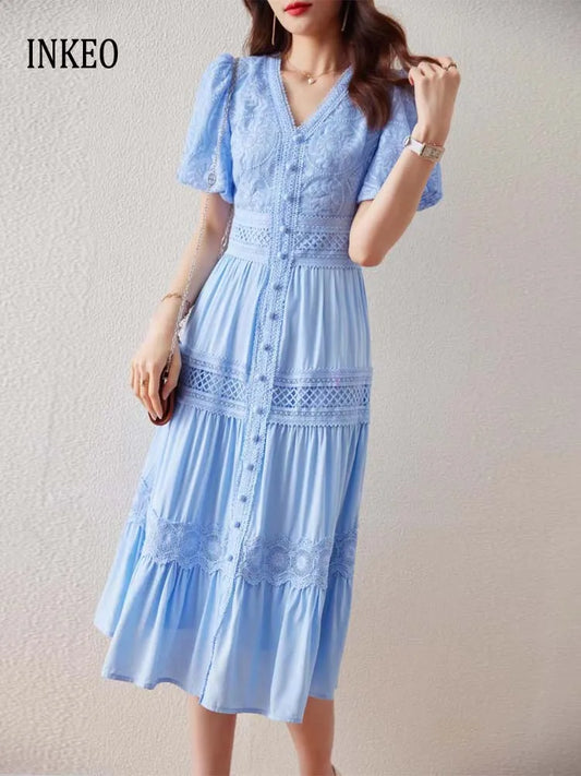 Short puff sleeve dresses Women 2025 Summer Solid V-neck Lace embroidery dress Patchwork Elegant