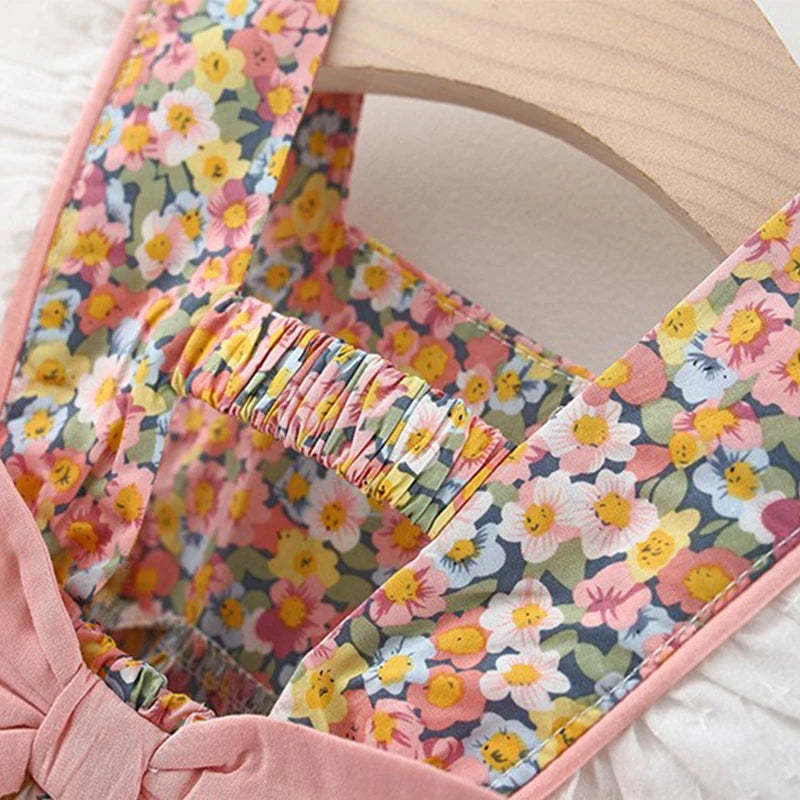Summer Girl'S Suspender Dress Baby Girl Korean Version Bow Floral Print Lace Small Flying Sleeve Princess Dress