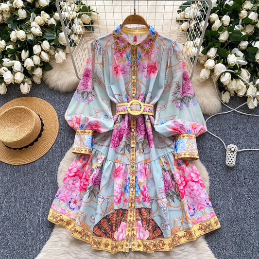 Elegant Gorgeous Floral Mini Dresses Women 2025 Spring Long Lantern Sleeve Stand Collar Single Breasted Belt Party Vestidos