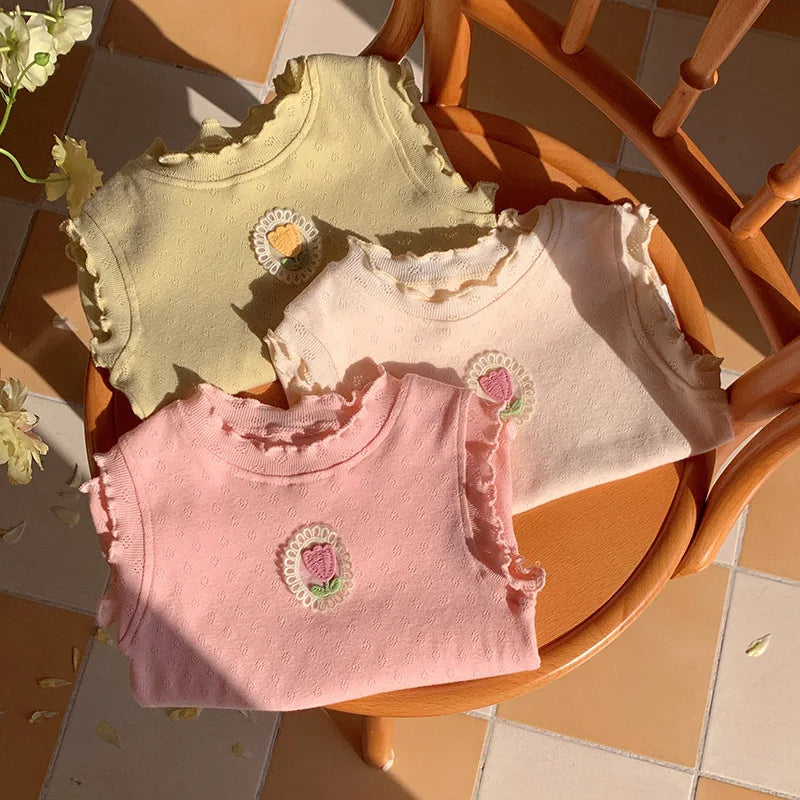 Children's T-Shirts Floral Decoration Jacquard Sleeveless Top Girls Clothes Boutique Outfits for Girls Infant Girl Clothes