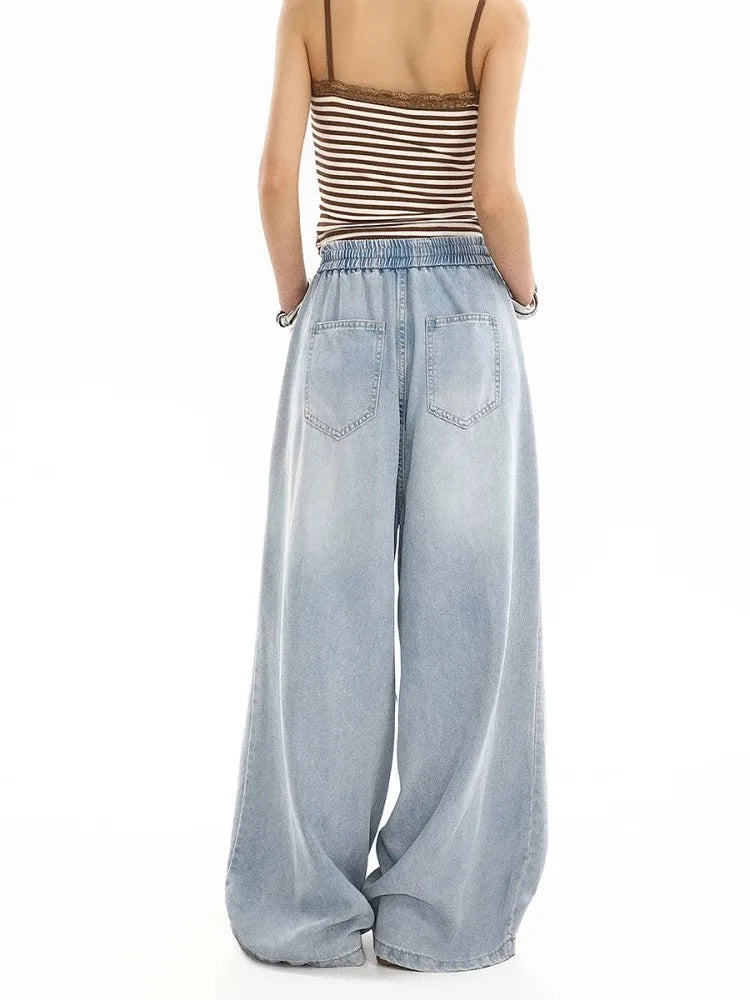 2025 Summer New Drape Wide Leg Jeans Elastic Versatile Ins Trendy Versatile Trousers Harajuku Jeans for Women Denim Pants