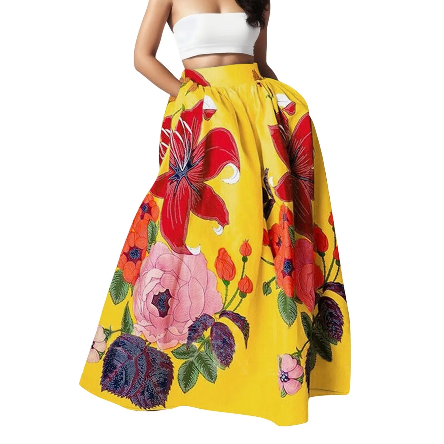 Bohemian Women Long Skirt Large Swing High Waist Floral Printing A-Line Skirt Women Faldas Fashion Casual Party Skirt Pockets