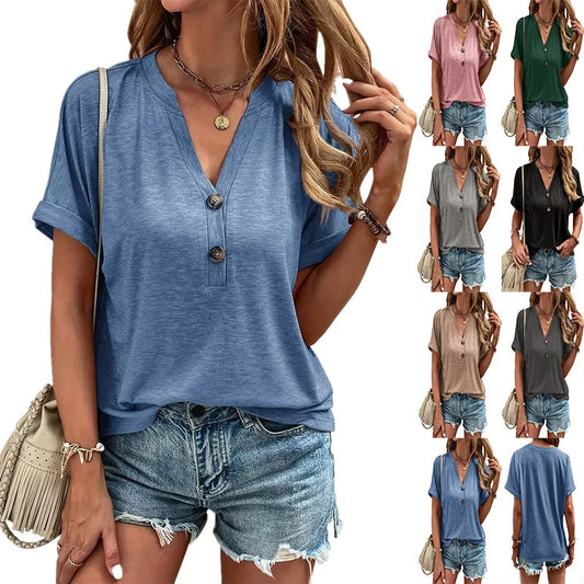 Women V Neck Button T-shirts Oversized S-3XL Female Solid Color Loose Short Sleeve Tee Shirt Tops YSY-3086