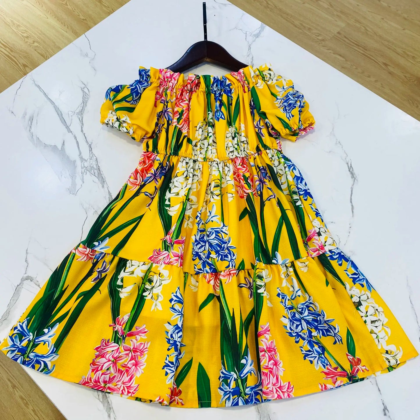 2024 latest style girl clothes green flower dress big girl vacation dress cotton floral printing kids dress
