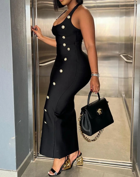 sexy elegant Evening party dresses Halter Sleeveless Buttoned Maxi Bodycon Dress new fashion 2025 Female womens clothing outfits