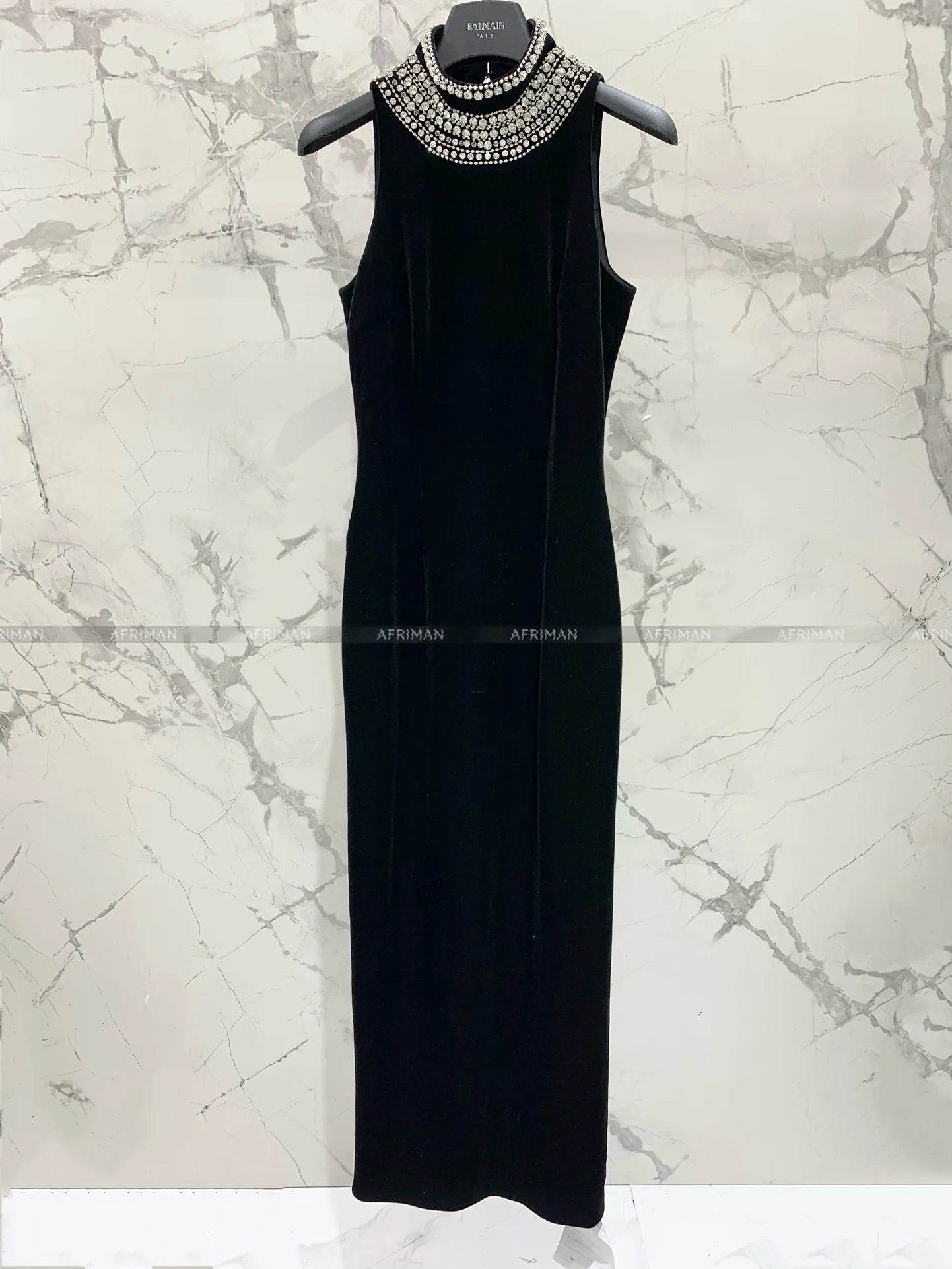 Women Heavy Rhinestone Bead Sexy Backless High Neck Waist Bag Hip Slimming Velvet Long Dress
