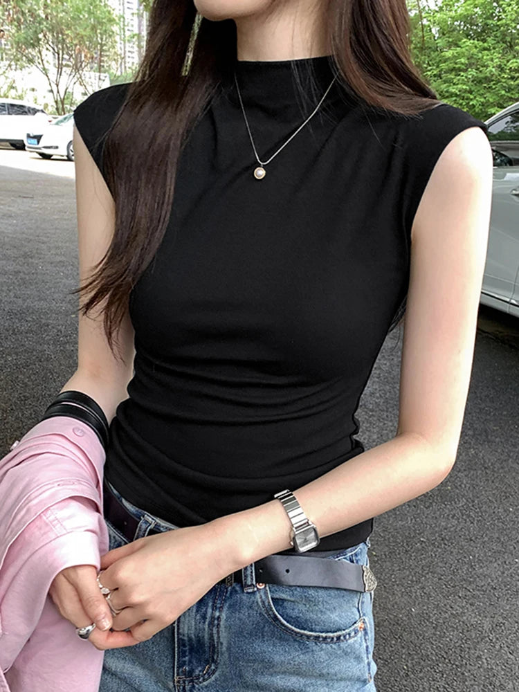 Navy Blue High Street American Vintage Sweet Women Tops Summer Chicly Sleeveless Fashion Solid Color Slim Casual Female T-shirts