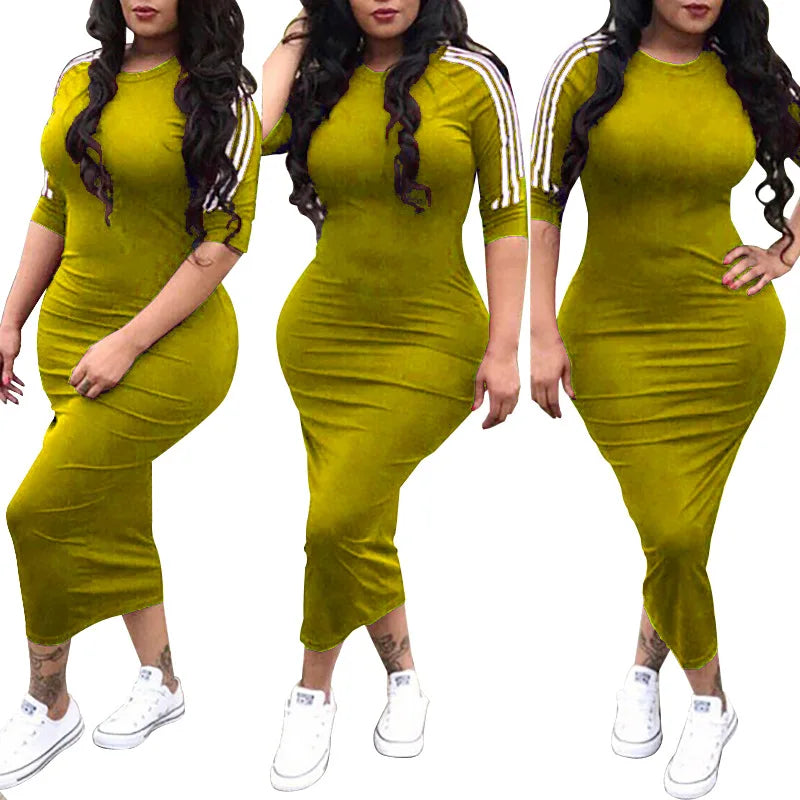 Summer Elegant Dress for Women 2022 Fashion Casual Half Sleeve Stripe O Neck Mid Female Bodycon Dress vestidos