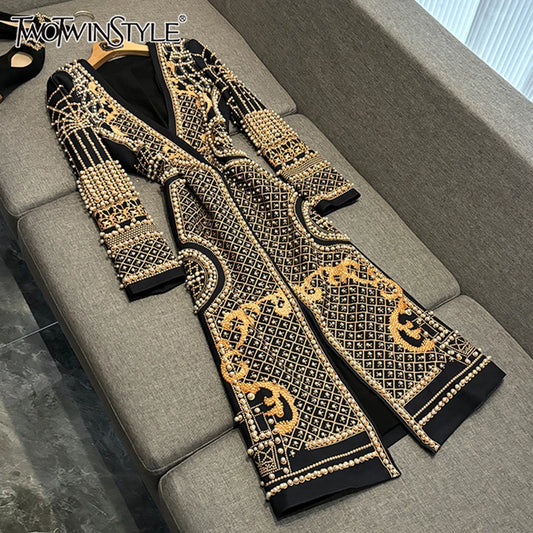 TWOTWINSTYLE Luxury Spliced Pearl Jackets For Women Deep V Neck Long Sleeve High Waist Temperament Jacket Female New KJA502566