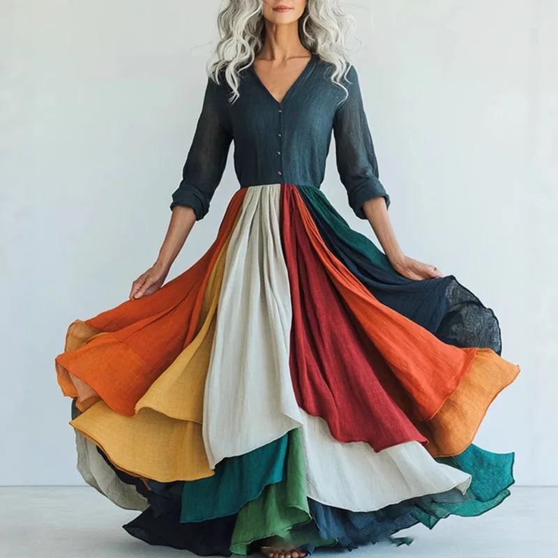 Ethnic Retro Print Mesh Swing Long Dress Woman Sexy V Neck High Waist Pleated Maxi Dress Spring Long-sleeved Boho Vacation Dress