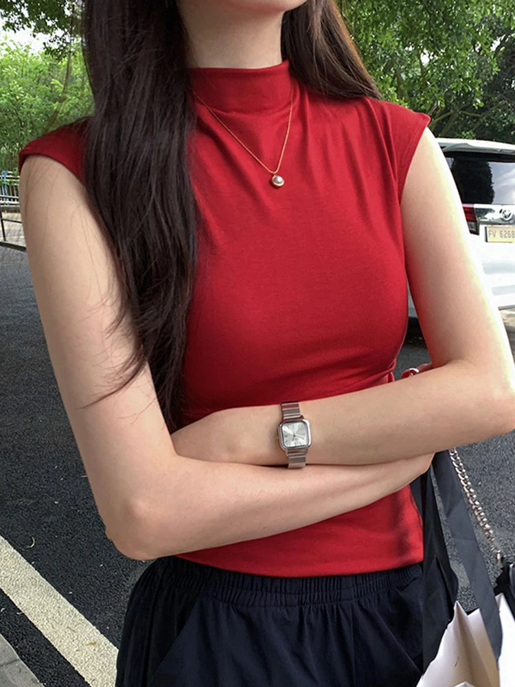 Navy Blue High Street American Vintage Sweet Women Tops Summer Chicly Sleeveless Fashion Solid Color Slim Casual Female T-shirts