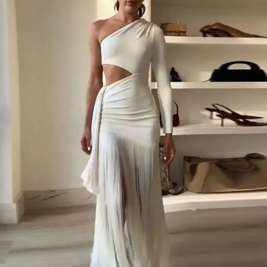 Women Sexy Strapless Hollow Tassels  Party Dress Elegant  Slanted Collar Shoulder Sleeve  High Waist Slim Long Dresses Women's