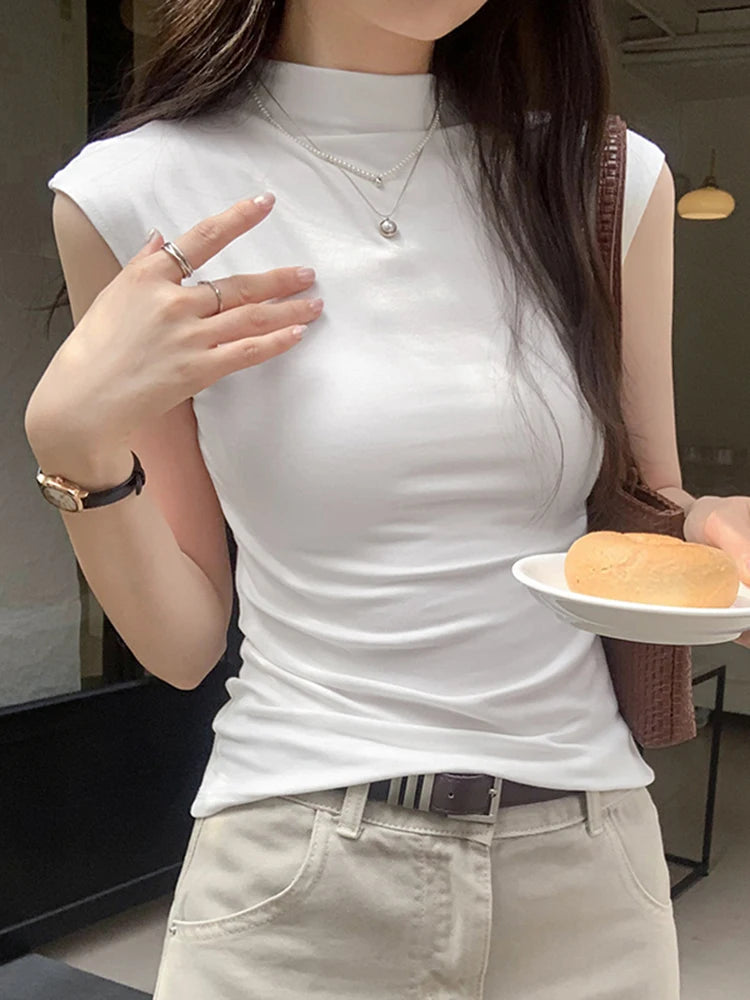 Navy Blue High Street American Vintage Sweet Women Tops Summer Chicly Sleeveless Fashion Solid Color Slim Casual Female T-shirts