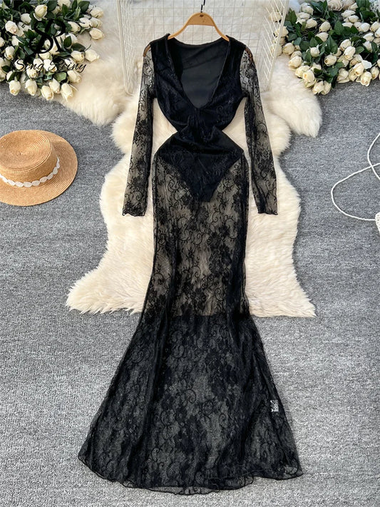SINGREINY Newest American Ladies Dress Deep V Neck Full Sleeve Lace Splice Sheer Chic Fashion Sheath Clubwear Sexy Long Dress