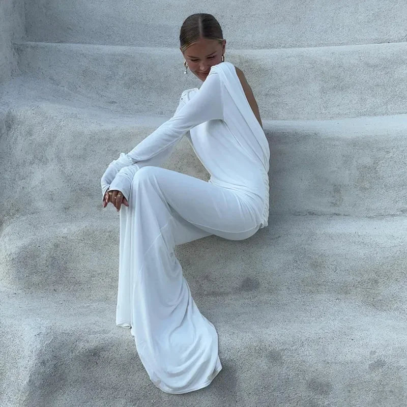 Chic Backless White Long Sleeved Slim Fit Dress for Women Pleated Elegant Round Neck Long Dresses 2024 New Female Evening Gowns