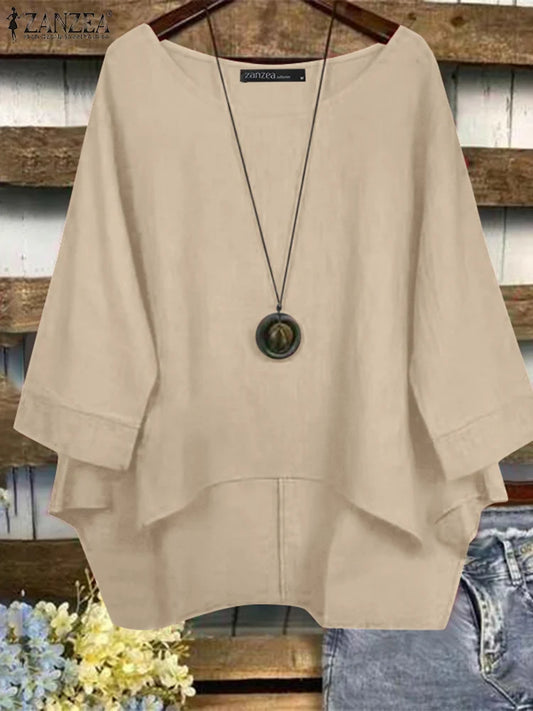 ZANZEA Woman Loose Asymmetrical Hem Blouses 2025 Summer 3/4 Sleeve O-Neck High-Low Cotton Blusas Mujer Casual Everyday Tops