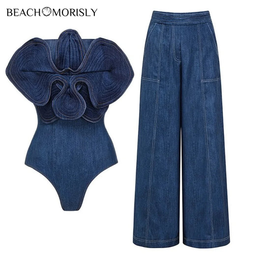 2025 Swimsuit set Sexy Off Shoulder 3D Flower printed One piece  Women denim Swimwear Beachwear bikinis bathing suit Bodysuit