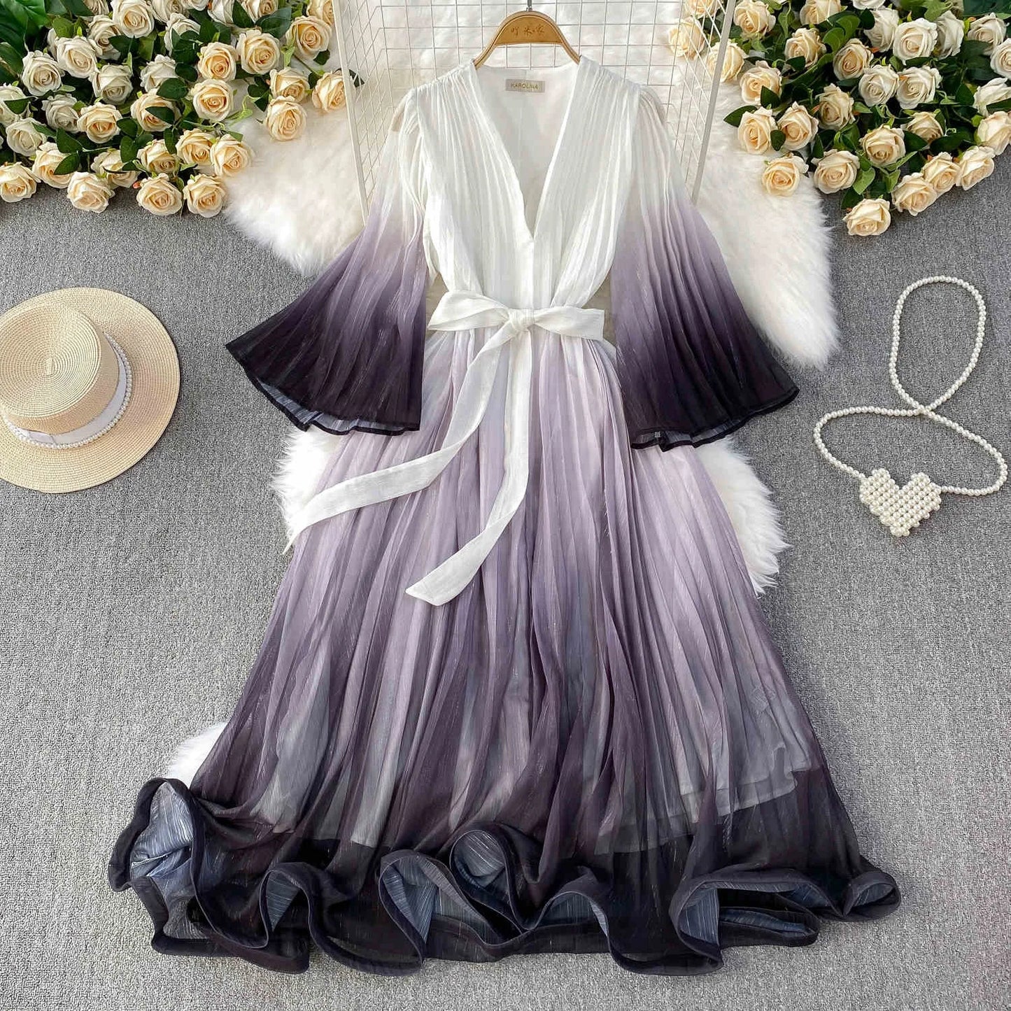Europe and the United States Gradient Color V-neck Women's Summer Flared Sleeves Pressed Pleated Tie Long Dresses
