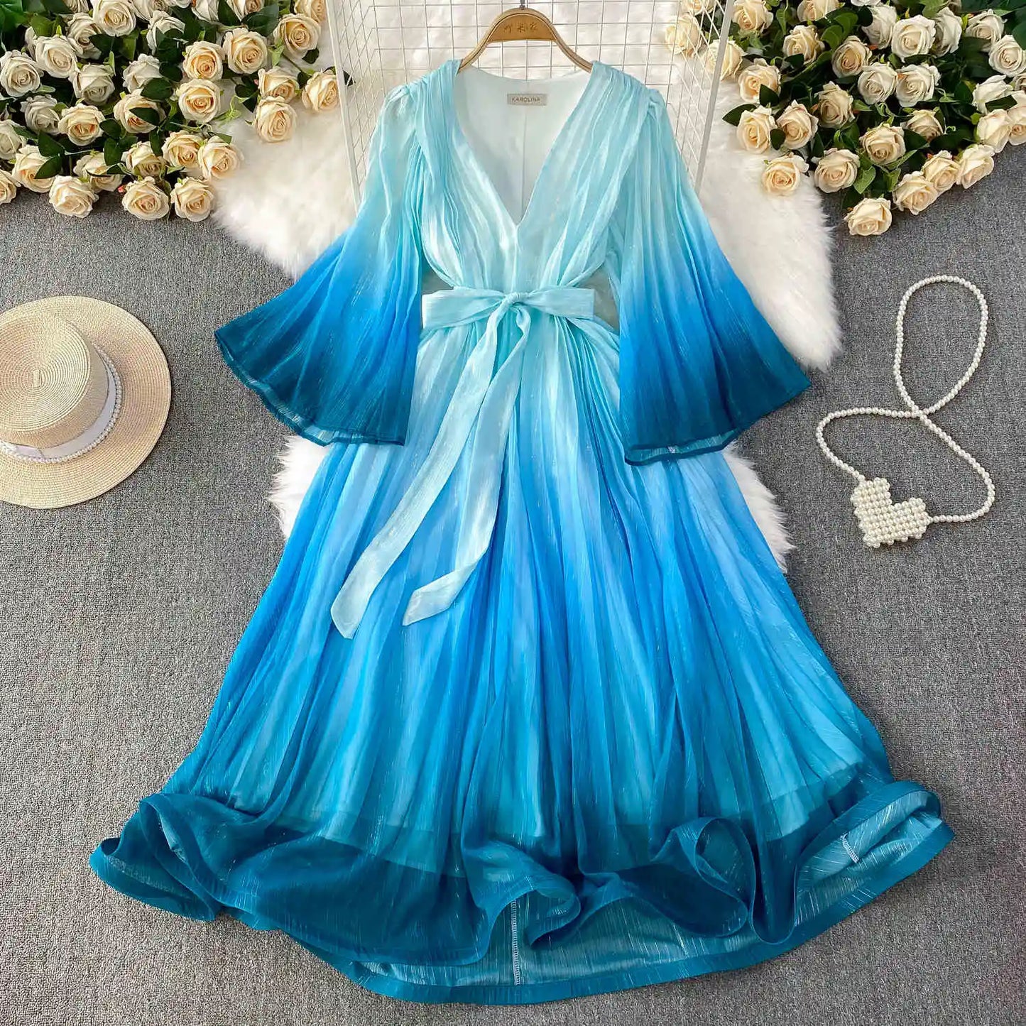Europe and the United States Gradient Color V-neck Women's Summer Flared Sleeves Pressed Pleated Tie Long Dresses