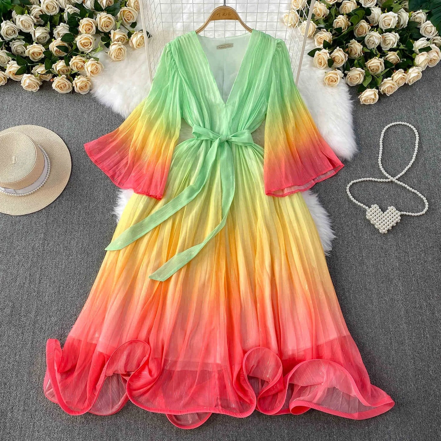 Europe and the United States Gradient Color V-neck Women's Summer Flared Sleeves Pressed Pleated Tie Long Dresses