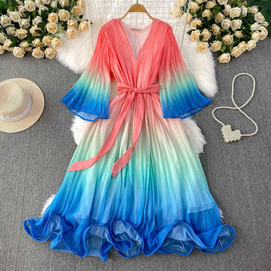 Europe and the United States Gradient Color V-neck Women's Summer Flared Sleeves Pressed Pleated Tie Long Dresses
