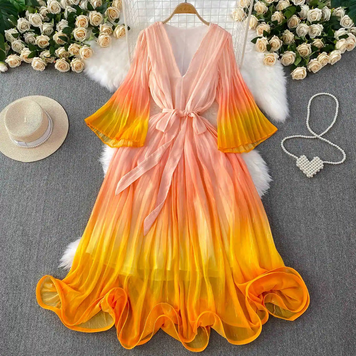 Europe and the United States Gradient Color V-neck Women's Summer Flared Sleeves Pressed Pleated Tie Long Dresses