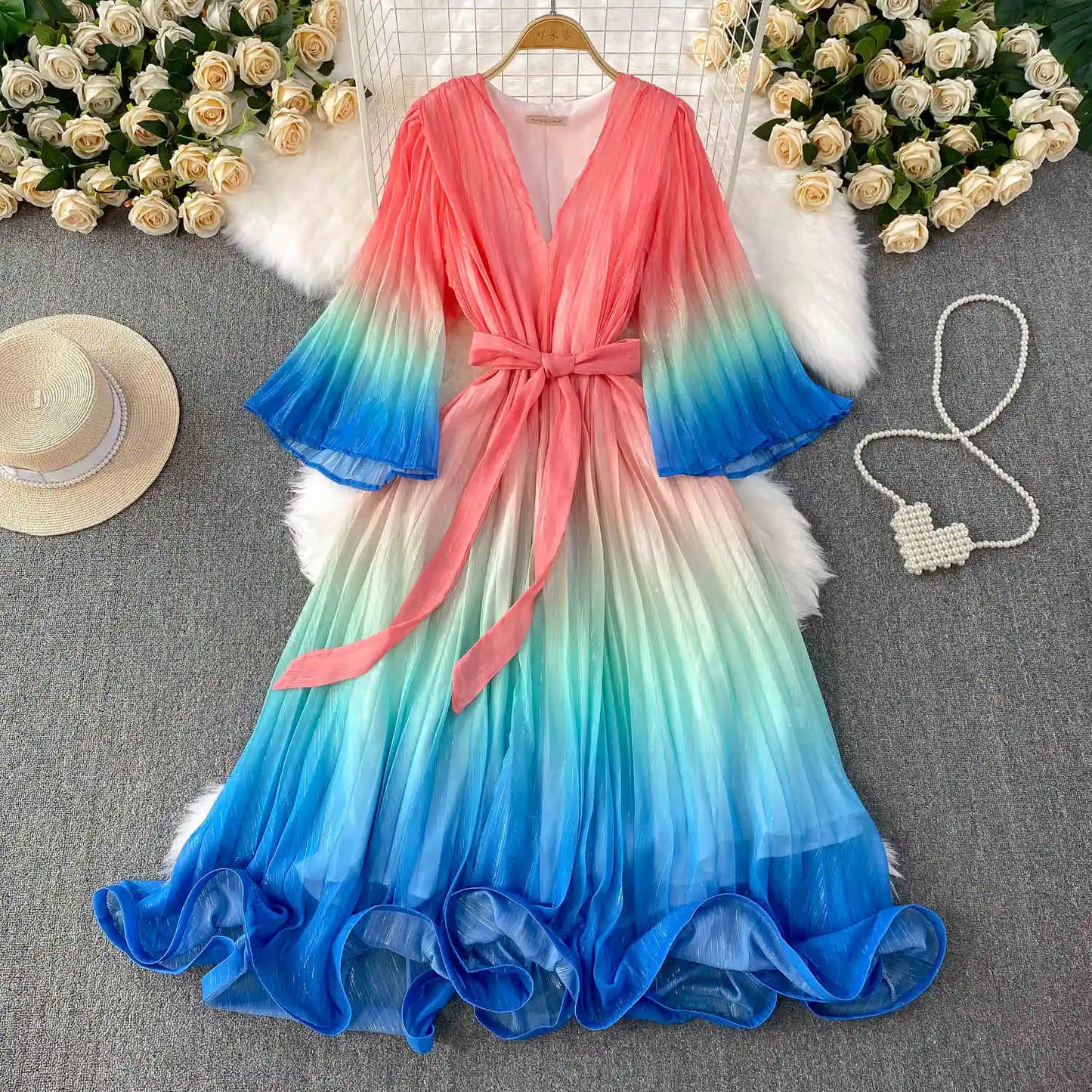 Europe and the United States Gradient Color V-neck Women's Summer Flared Sleeves Pressed Pleated Tie Long Dresses