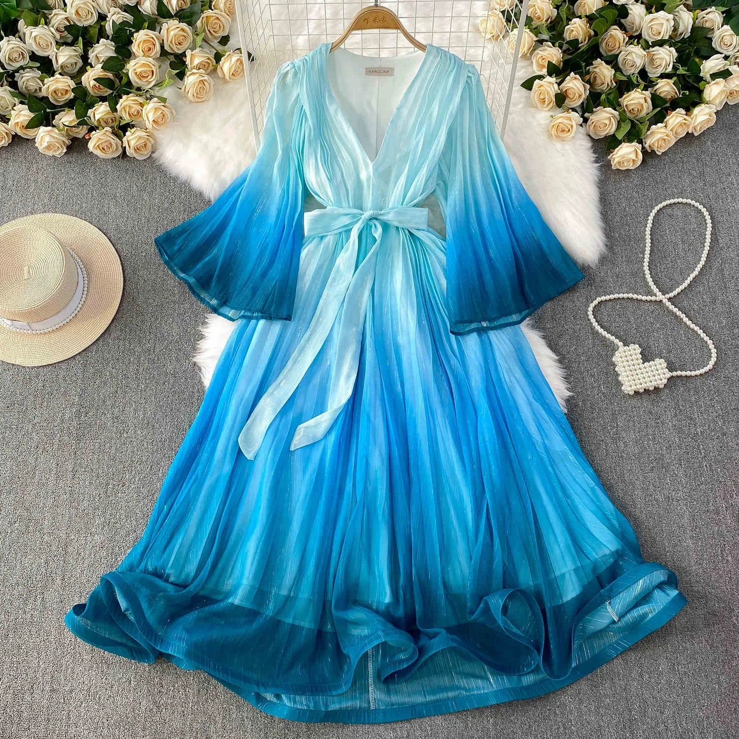 Europe and the United States Gradient Color V-neck Women's Summer Flared Sleeves Pressed Pleated Tie Long Dresses