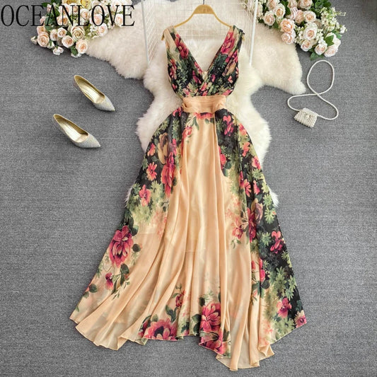 OCEANLOVE V Neck Women Dresses Print Floral A-line Korean Fashion Summer Vestidos De Mujer Banquet Vintage Elegant Robe Femme
