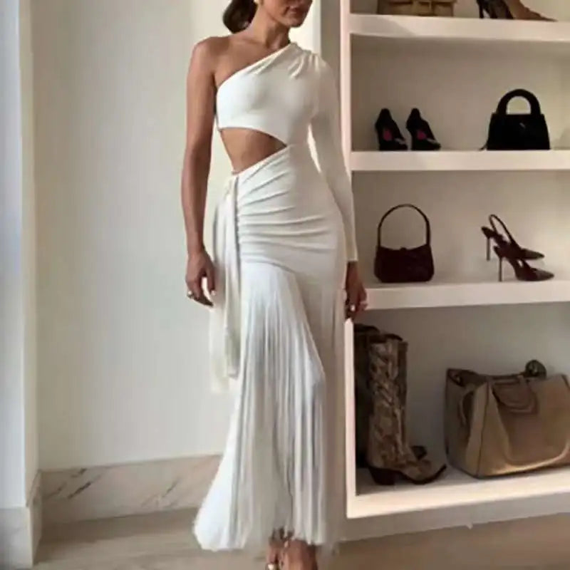 Women Sexy Strapless Hollow Tassels  Party Dress Elegant  Slanted Collar Shoulder Sleeve  High Waist Slim Long Dresses Women's
