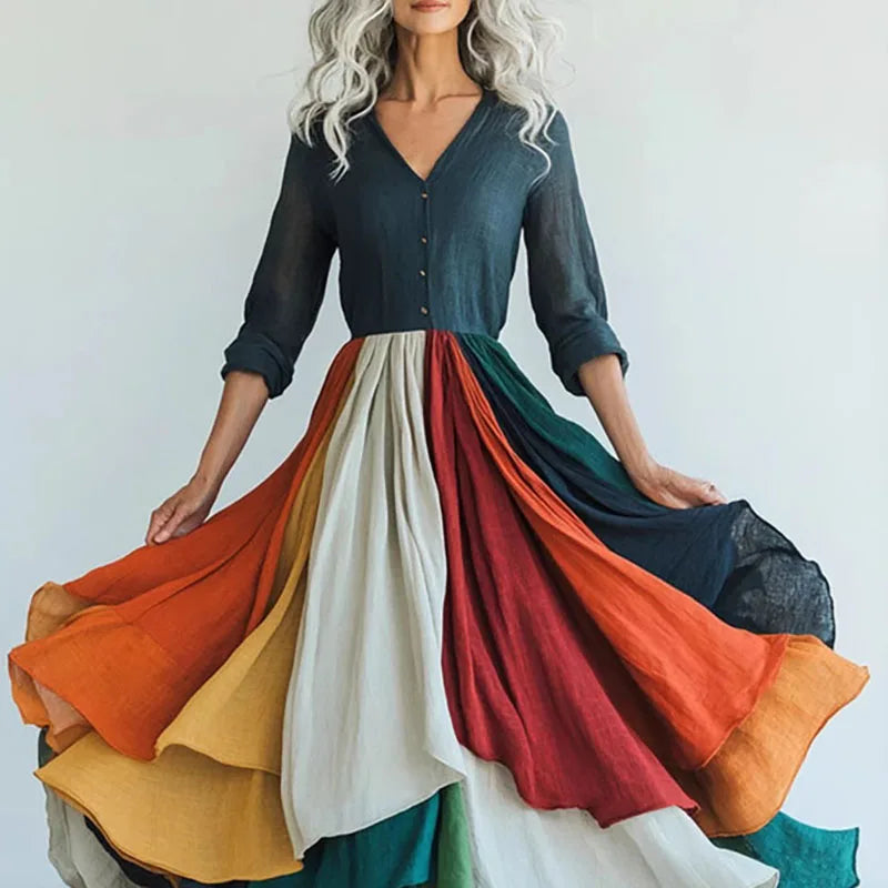 Ethnic Retro Print Mesh Swing Long Dress Woman Sexy V Neck High Waist Pleated Maxi Dress Spring Long-sleeved Boho Vacation Dress